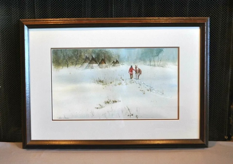 JAMES DARUM WATERCOLOR PAINTING - INDIAN WITH HORSE TEEPEE CAMP IN WINTER SNOW: JAMES DARUM WATERCOLOR PAINTING - INDIAN WITH HORSE TEEPEE CAMP IN WINTER SNOW Item Description: This original watercolor painting was done by Sedona, Arizona artist James Darum. This is one of James 