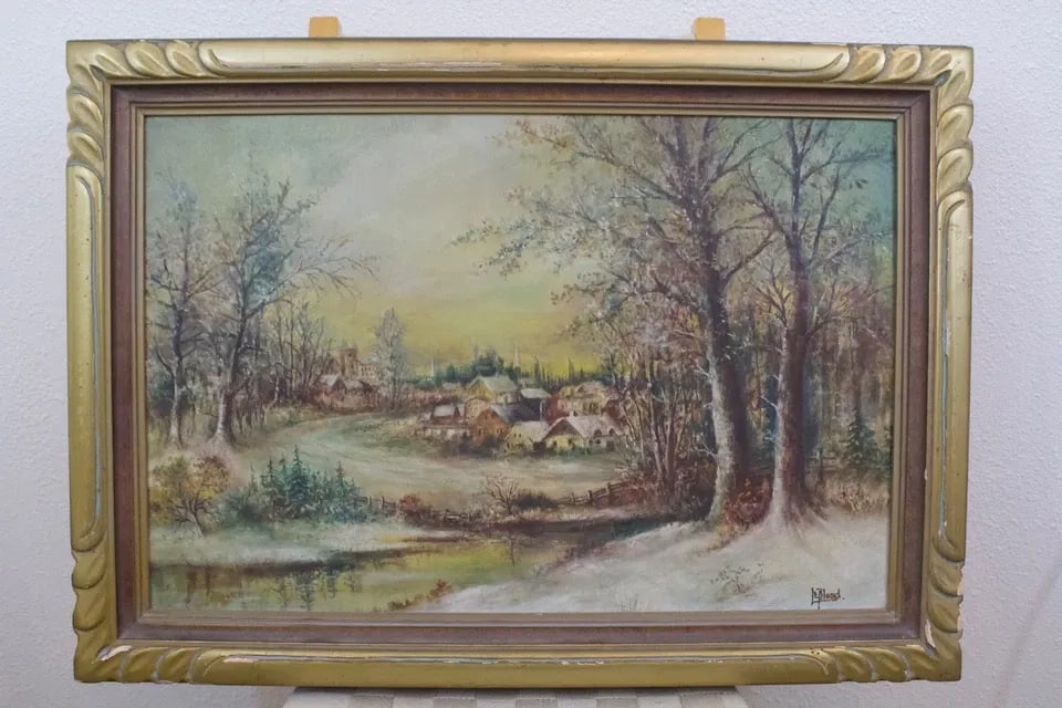 VINTAGE OIL PAINTING - EUROPEAN VILLAGE IN SNOW BY RIVER - ARTIST LE BLOND (1 of 2)