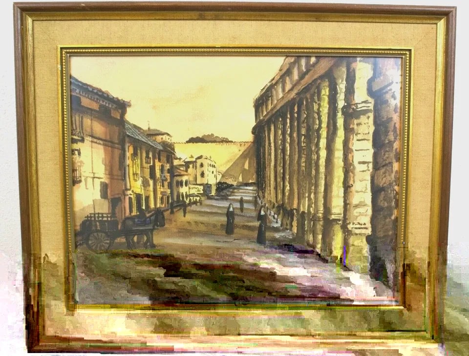 VINTAGE WATERCOLOR PAINTING - NUNS NEAR ST. PETER'S SQUARE - TULLIS FOSTER": VINTAGE WATERCOLOR PAINTING - NUNS NEAR ST. PETER'S SQUARE - TULLIS FOSTER" Item Description: This vintage watercolor painting shows two nuns and a donkey cart just outside of St. Peter's Square. This