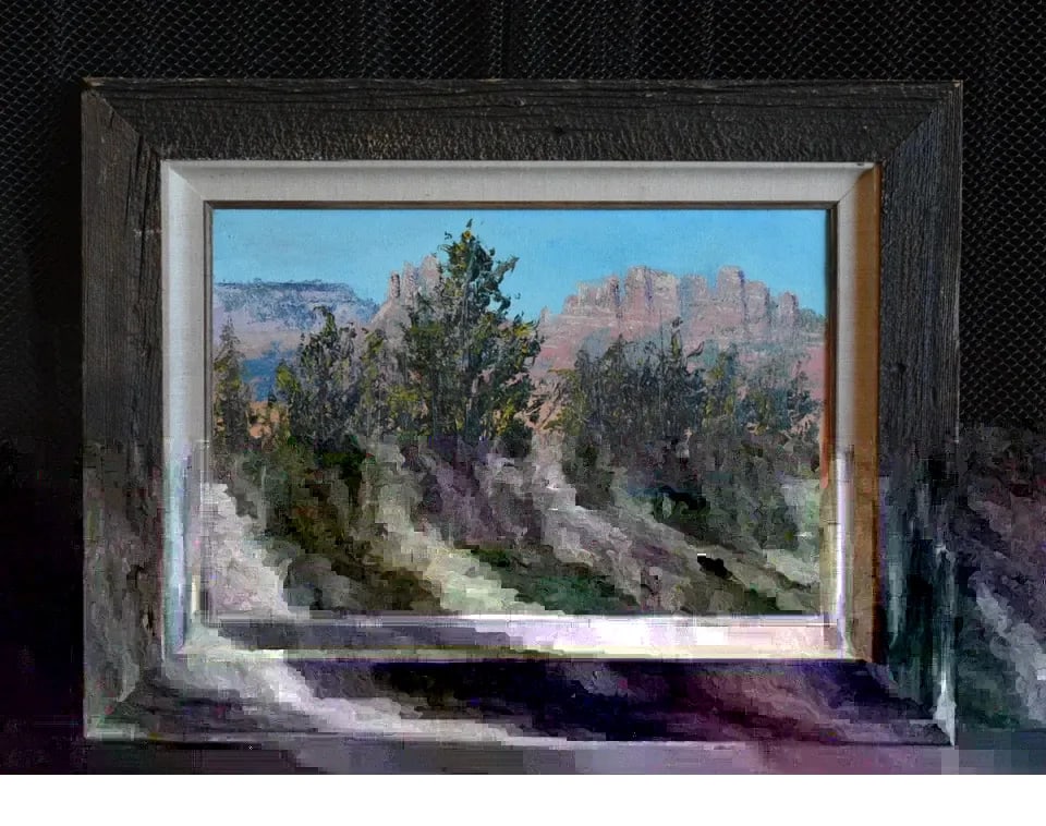 GLORIA JEAN - ORIGINAL OIL LANDSCAPE PAINTING COLORADO RED ROCKS PINES: GLORIA JEAN - ORIGINAL OIL LANDSCAPE PAINTING COLORADO RED ROCKS PINES This lovely Colorado landscape painting was done by Colorado artist Gloria Jean. This painting is oil on canvas. The painting mea