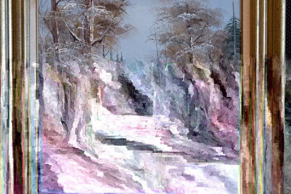 VTG OIL PAINTING - SNOWY RIVER FOREST LANDSCAPE - MICHIGAN ARTIST GORDON WHITMAN (1 of 2)