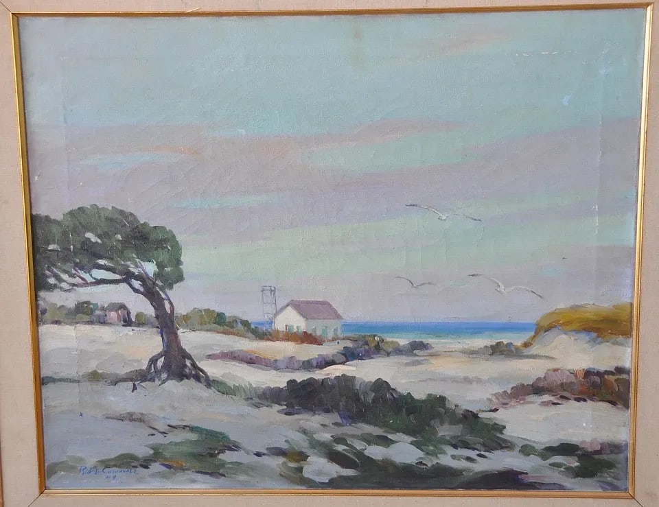 ROBERT CONNAVALE - OIL PAINTING SAND DUNES & SEAGULLS- CAPE HENRY VIRGINIA 1944 (1 of 2)