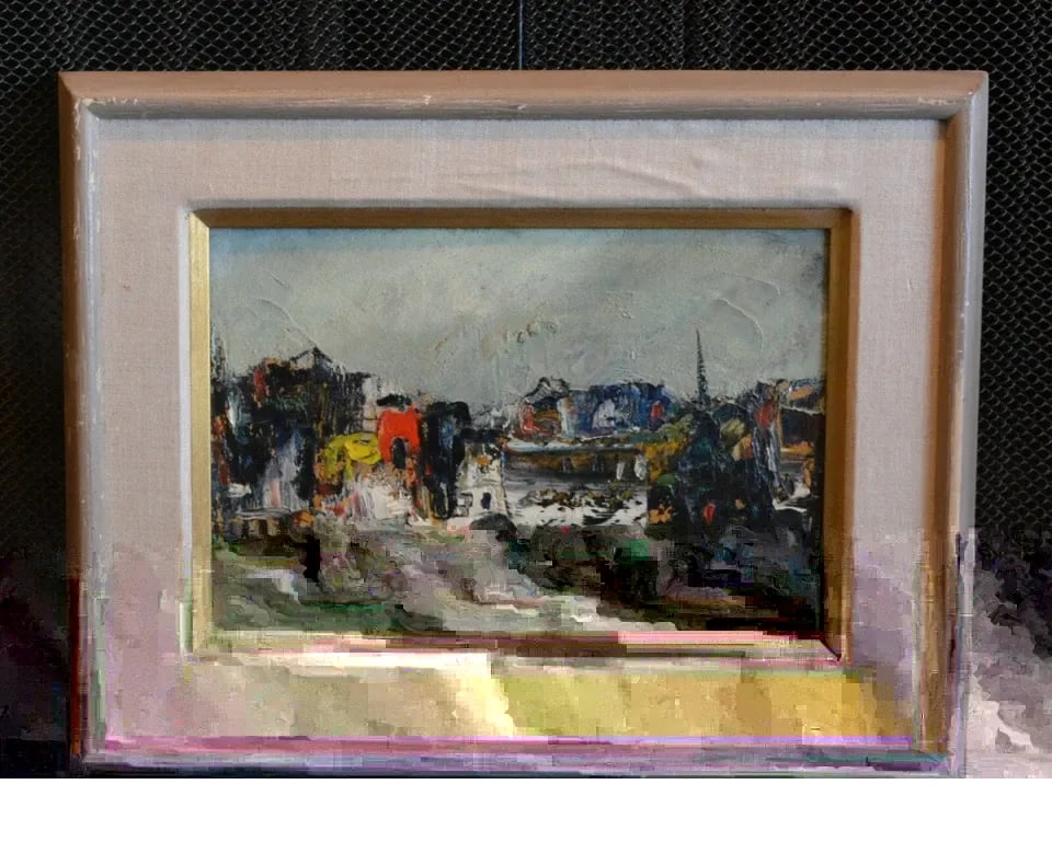 VINTAGE MID-CENTURY PAINTING - CITYSCAPE TOWN ON COAST THICKLY PAINTED PALETTE: VINTAGE MID-CENTURY PAINTING - CITYSCAPE TOWN ON COAST THICKLY PAINTED PALETTE Item Description: This vintage painting shows a cityscape of a coastal town. The single steeple in the background lead me