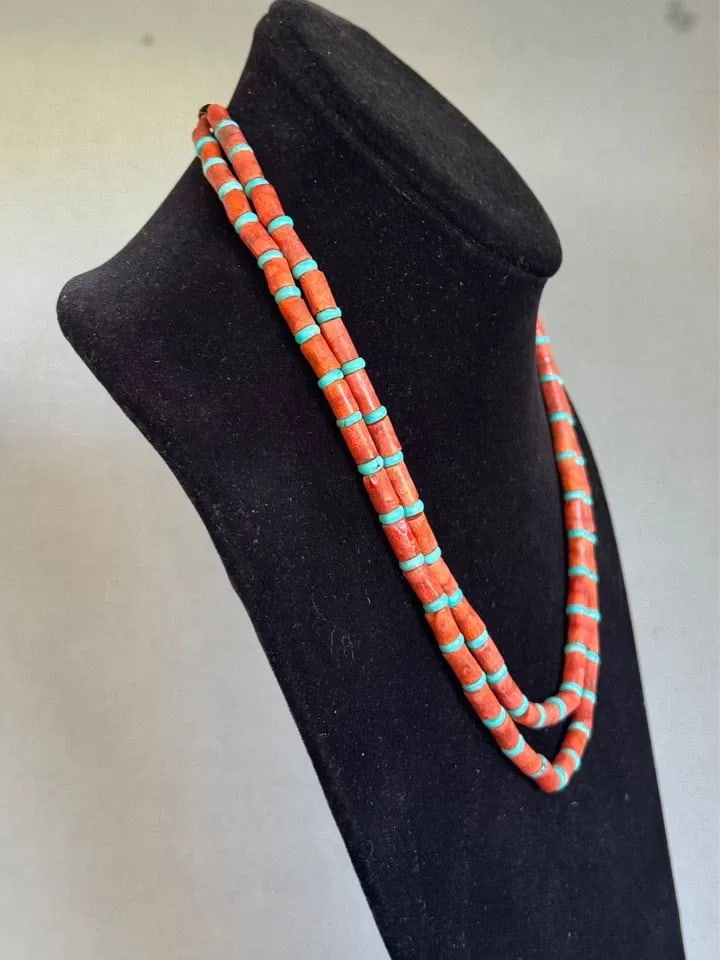 SANTO DOMINGO PUEBLO STERLING SILVER BRANCH CORAL AND TURQUOISE NECKLACE 19": SANTO DOMINGO PUEBLO STERLING SILVER BRANCH CORAL AND TURQUOISE NECKLACE 19" Santo Domingo Pueblo Sterling Silver Branch Coral and Turquoise Necklace 19" Long Double strand ..Coral is 1/4" x 1/2" Turq