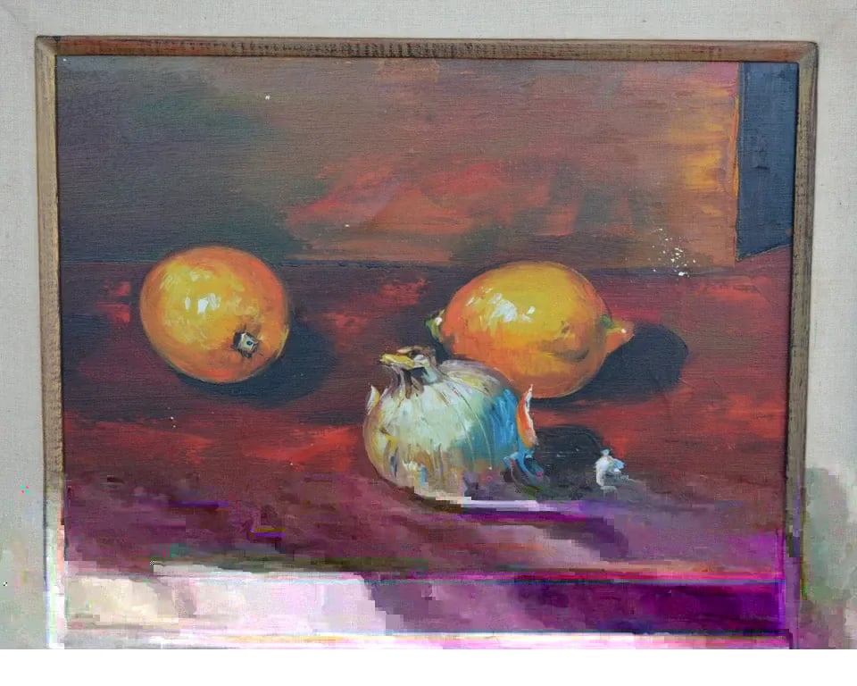 VINTAGE STILL LIFE OIL PAINTING - LEMONS AND GARLIC - DEEP REDS YELLOWS: VINTAGE STILL LIFE OIL PAINTING - LEMONS AND GARLIC - DEEP REDS YELLOWS This original still life oil painting shows 2 lemons and a garlic bulb in a background of deep rustic reds and browns. It is sig