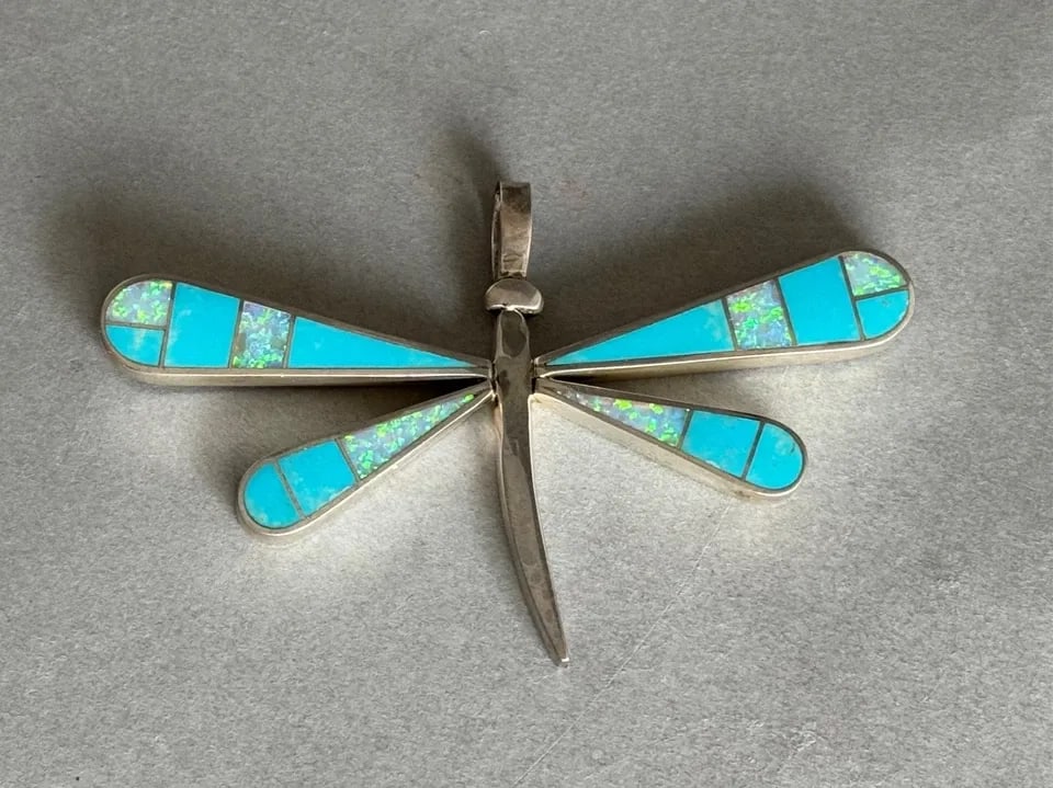 LARGE VINTAGE ZUNI STERLING SILVER W INLAID TURQUOISE AND OPAL DRAGONFLY PENDANT (1 of 2)