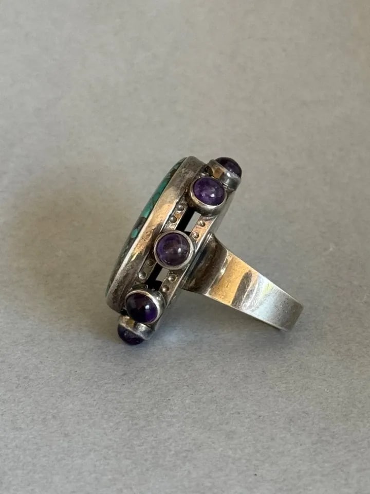 VINTAGE STERLING SILVER WITH TURQUOISE AND AMETHYST RING 1 1/4?? SIZE 9 3/4 (1 of 2)