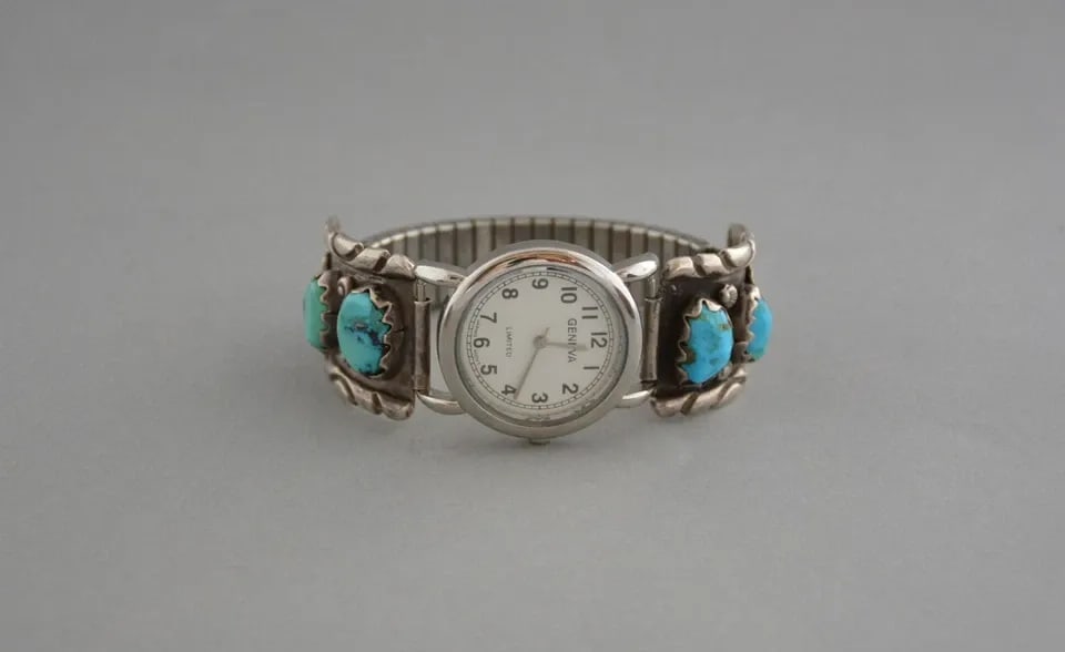 WAYNE CHEAMA - ZUNI HEAVY STERLING SILVER MEN'S WATCHBAND - 4 TURQUOISE STONES (1 of 2)