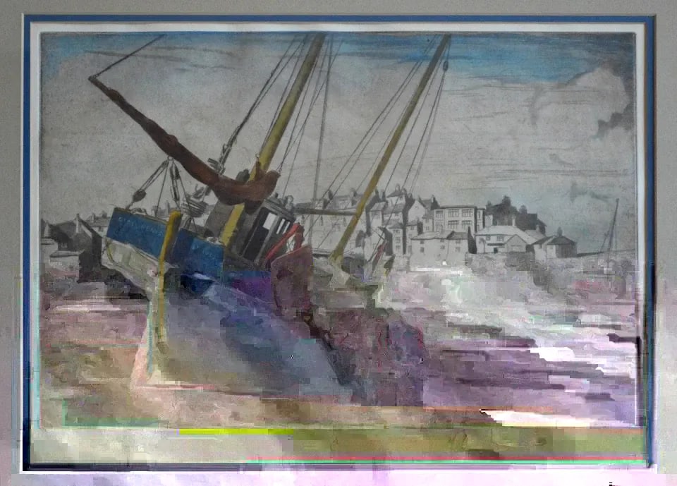 EDWARD BOUVIER HOYTON - HAND COLORED ETCHING PRINT - EARLY 1900S - CORNWALL SHIP (1 of 2)