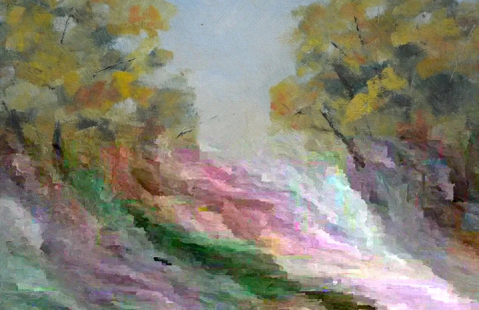 VINTAGE FALL LANDSCAPE PAINTING - TREES BY LAKE - AUTUMN COLORS: VINTAGE FALL LANDSCAPE PAINTING - TREES BY LAKE - AUTUMN COLORS Item Description: This vintage painting shows a landscape full of autumn colors. The Broadleaf trees and grasses near a lake look to be 