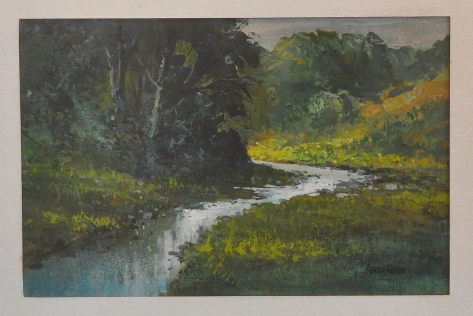 ADRIAN HANSEN (1929-) ORIGINAL PAINTING - ARIZONA - LANDSCAPE - CREEK & TREES (1 of 2)