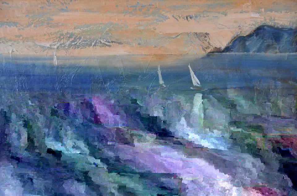 ALMA - VINTAGE COASTAL SEASCAPE PAINTING SAILBOATS BAY SOFT TEALS GREENS YELLOWS (1 of 2)