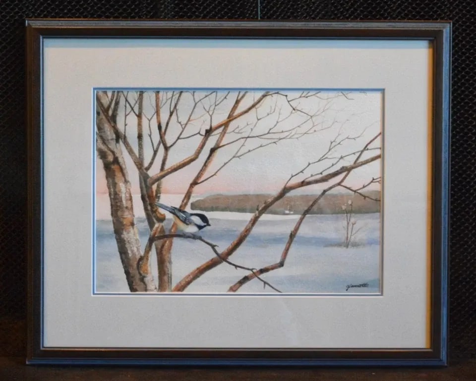 KARLA GIANNOTTI - WATERCOLOR PAINTING - WINTER CHICKADEE - ELLISON BAY BLUFF WI: KARLA GIANNOTTI - WATERCOLOR PAINTING - WINTER CHICKADEE - ELLISON BAY BLUFF WI This watercolor painting on paper is titled, "Winter Chickadee", dated 1992 and signed on the front right and on the bac
