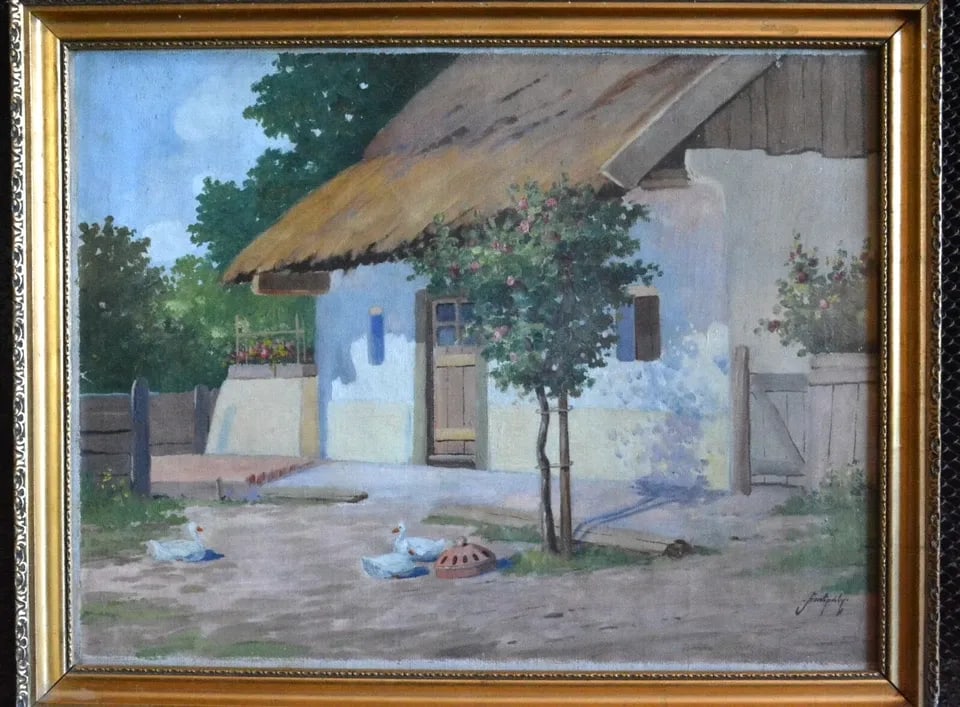 VINTAGE OIL PAINTING - EUROPEAN COTTAGE WITH THATCHED ROOF, ROSES, GEESE: VINTAGE OIL PAINTING - EUROPEAN COTTAGE WITH THATCHED ROOF, ROSES, GEESE This lovely vintage painting of a European cottage, possibly France?, shows a peaceful domestic scene. Geese are grazing in the