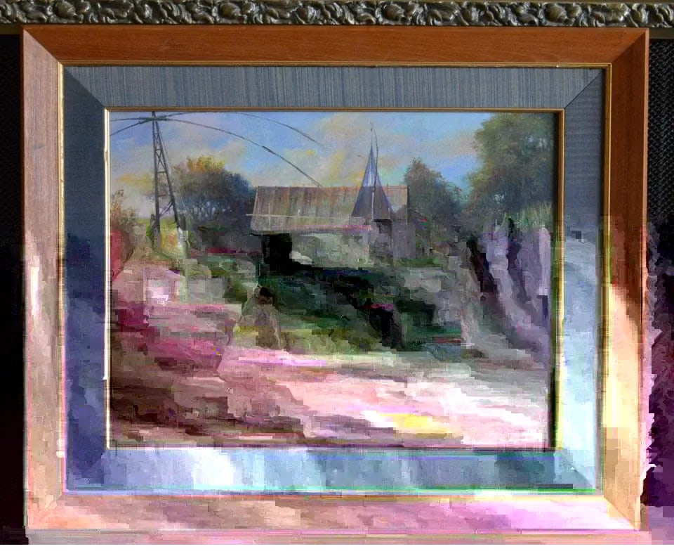 VTG PAINTING - RIVERSIDE VILLAGE LIFE THAILAND SOUTHEAST ASIA - SIGNED FRAMED: VTG PAINTING - RIVERSIDE VILLAGE LIFE THAILAND SOUTHEAST ASIA - SIGNED FRAMED This vintage painting shows a peaceful scene of riverside village life in Thailand. It looks to be oil on board. It is sig
