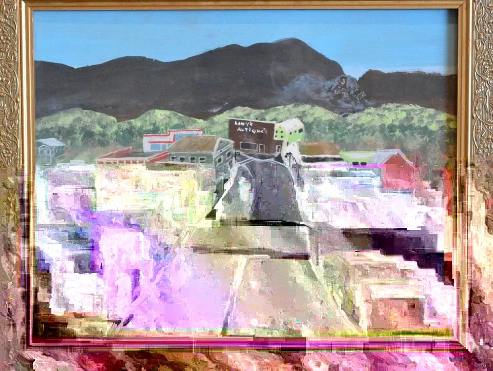 MICK MORENO - FOLK ART PAINTING OLD TOWN COTTONWOOD JEROME AZ CITYSCAPE - FRAMED: MICK MORENO - FOLK ART PAINTING OLD TOWN COTTONWOOD JEROME AZ CITYSCAPE - FRAMED Item Description: This folk art painting shows Main Street in Old Town Cottonwood Arizona and the small town of Jerome 