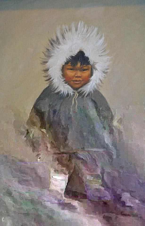J. HELDING - VINTAGE OIL PAINTING ESKIMO CHILD IN FUR SEAL PARKA ALASKA (1 of 2)