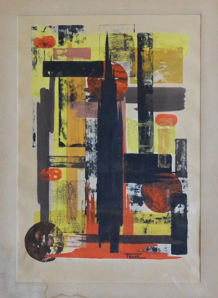 TRUDE - MID CENTURY ABSTRACT PAINTING - RED BLACK YELLOW (1 of 2)