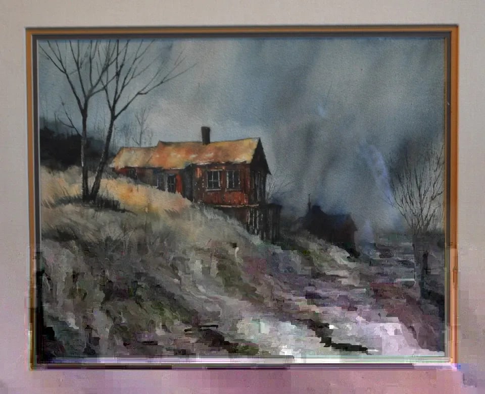 ORIGINAL WATERCOLOR PAINTING - RAINY DAY LANDSCAPE - OLD SHACKS - JACK RICKARD: ORIGINAL WATERCOLOR PAINTING - RAINY DAY LANDSCAPE - OLD SHACKS - JACK RICKARD Item Description: This watercolor landscape painting was done by Jack Rickard. It shows a stormy day in what looks to be 