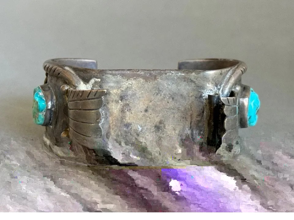 OLD PAWN NAVAJO STERLING SILVER AND TURQUOISE WATCH BRACELET. 88 GRAMS: OLD PAWN NAVAJO STERLING SILVER AND TURQUOISE WATCH BRACELET. 88 GRAMS Old Pawn Navajo Sterling Silver and Turquoise Watch Bracelet. 1 1/8" Wide .. 5 5/8" Inside with a 1 3/8" Opening