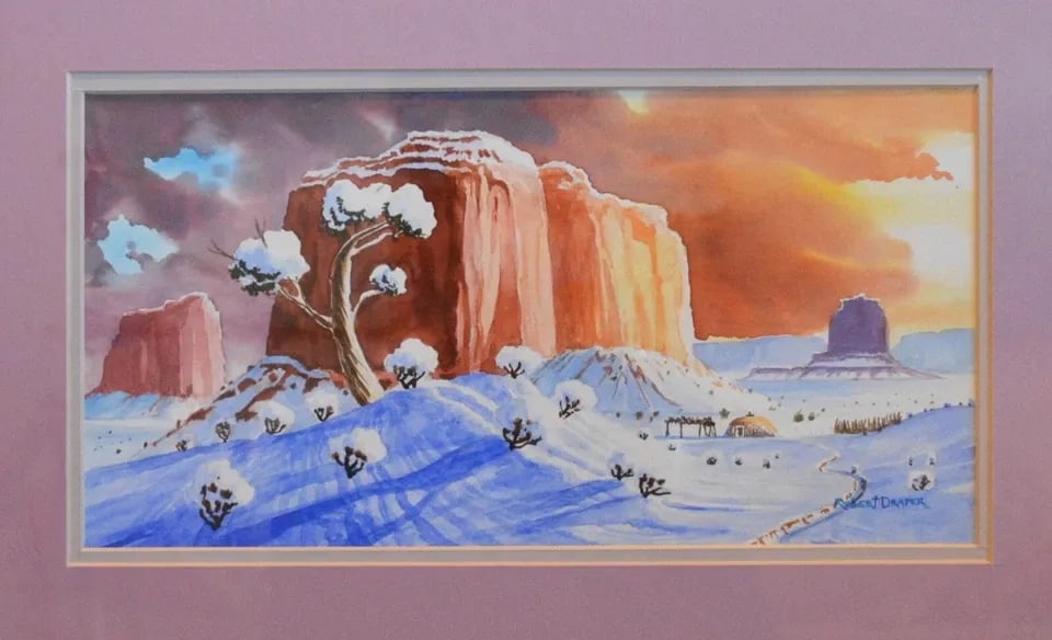 ROBERT DRAPER NAVAJO ARTIST LANDSCAPE WATERCOLOR PAINTING HOGAN MONUMENT VALLEY: ROBERT DRAPER NAVAJO ARTIST LANDSCAPE WATERCOLOR PAINTING HOGAN MONUMENT VALLEY This watercolor painting was done by Navajo artist Robert Draper (1938-2000). It shows a hogan in the snow covered lands