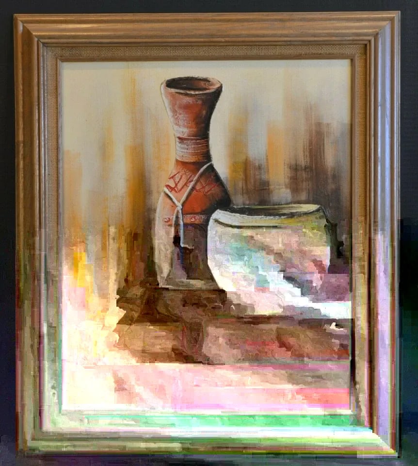 VTG STILL LIFE PAINTING - SOUTHWEST POTS FEATHERS - WARM HUES - FRANK WALCUTT: VTG STILL LIFE PAINTING - SOUTHWEST POTS FEATHERS - WARM HUES - FRANK WALCUTT Item Description: This Southwest still life painting has been done in mostly warm hues of yellow, orange and brown. It was