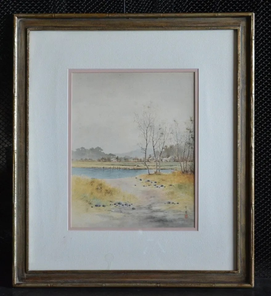VINTAGE WATERCOLOR PAINTING - PEACEFUL WINTER LANDSCAPE LAKE VILLAGE - FRAMED: VINTAGE WATERCOLOR PAINTING - PEACEFUL WINTER LANDSCAPE LAKE VILLAGE - FRAMED This peaceful late fall or winter landscape has been beautifully done. It shows a lake with fields and a village in the di