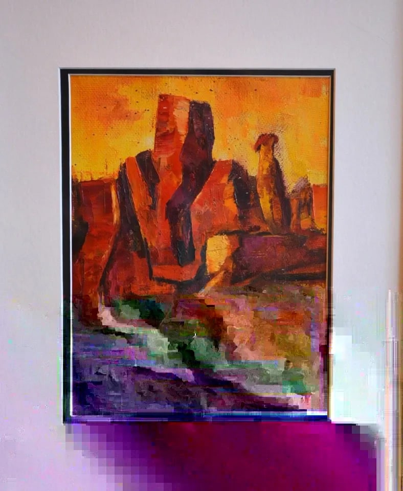 OIL PAINTING - EXPRESSIVE RED ROCK LANDSCAPE IN FULL SUN - BEAUTIFULLY FRAMED: OIL PAINTING - EXPRESSIVE RED ROCK LANDSCAPE IN FULL SUN - BEAUTIFULLY FRAMED This expressive painting shows an expressive glowing deep red rock landscape. The painting has been beautifully matted, fr