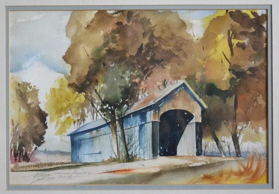 FIELD - WATERCOLOR PAINTING CORNWALL SALISBURY COVERED BRIDGE - VERMONT - FRAMED (1 of 2)
