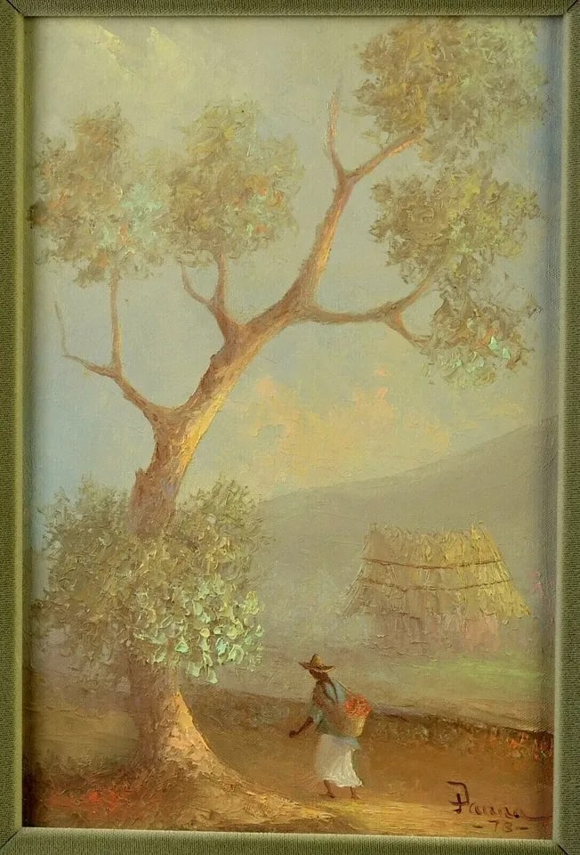 VINTAGE PAINTING - LATIN AMERICA FLOWER VENDOR - SOFT PASTEL COLORS 1973 - PANNA: VINTAGE PAINTING - LATIN AMERICA FLOWER VENDOR - SOFT PASTEL COLORS 1973 - PANNA Item Description: This vintage painting is titled "Flower Vendor" on the back. It is on canvas and has been beautifully