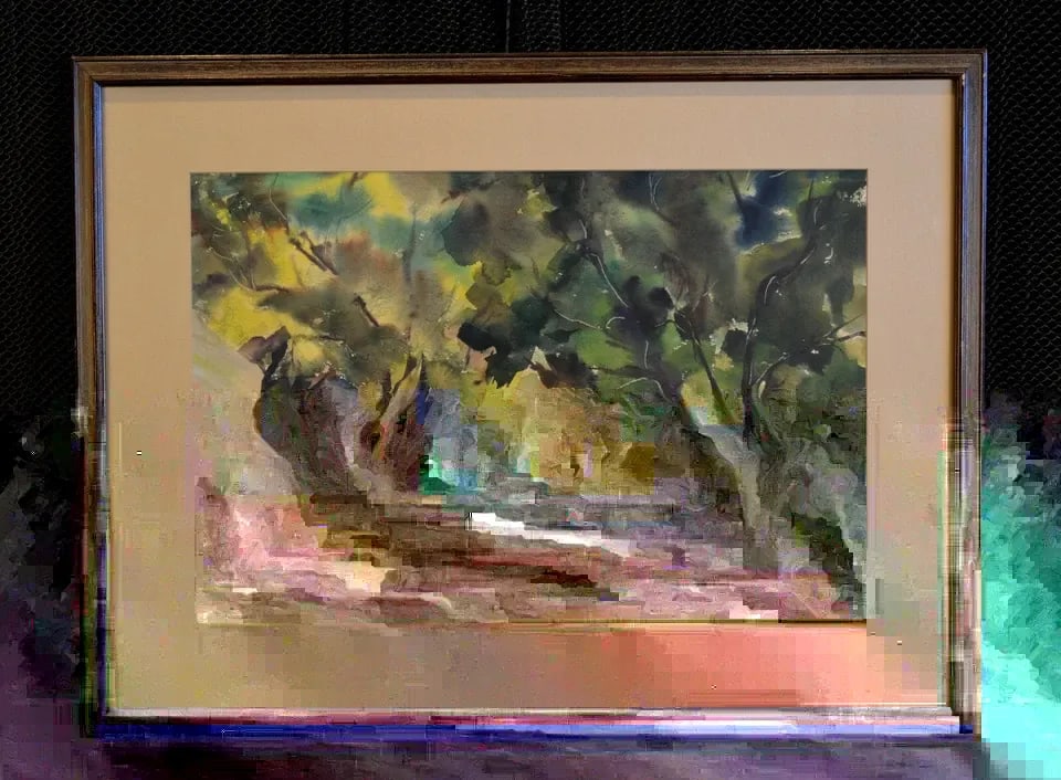 LANDSCAPE WATERCOLOR PAINTING - CREEK IN WOODS - GREENS - BETTE VOGT 1905-99: LANDSCAPE WATERCOLOR PAINTING - CREEK IN WOODS - GREENS - BETTE VOGT 1905-99 Item Description: This cool and refreshing watercolor shows a peaceful summer landscape. A creek meanders between trees of 
