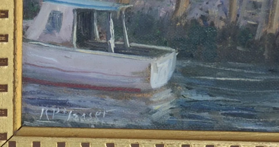 RAYMOND P. FRASER (1899-1979) - OIL PAINTING - BOAT DOCKED - ROCKPORT MA: RAYMOND P. FRASER (1899-1979) - OIL PAINTING - BOAT DOCKED - ROCKPORT MA This painting was done by Boston artist Raymond P. Fraser (1899-1979) It is oil on canvas board and signed in the lower left an