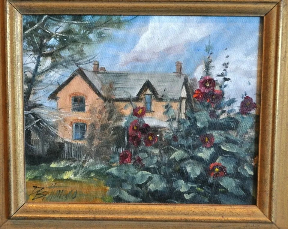 ORIGINAL PAINTING OF SOUTHWEST HOME WITH RED HOLLYHOCKS - DARRELL THOMAS: ORIGINAL PAINTING OF SOUTHWEST HOME WITH RED HOLLYHOCKS - DARRELL THOMAS Item Description: This colorful impressionist painting was done by Southwest artist Darrell Thomas. It shows an inviting home i