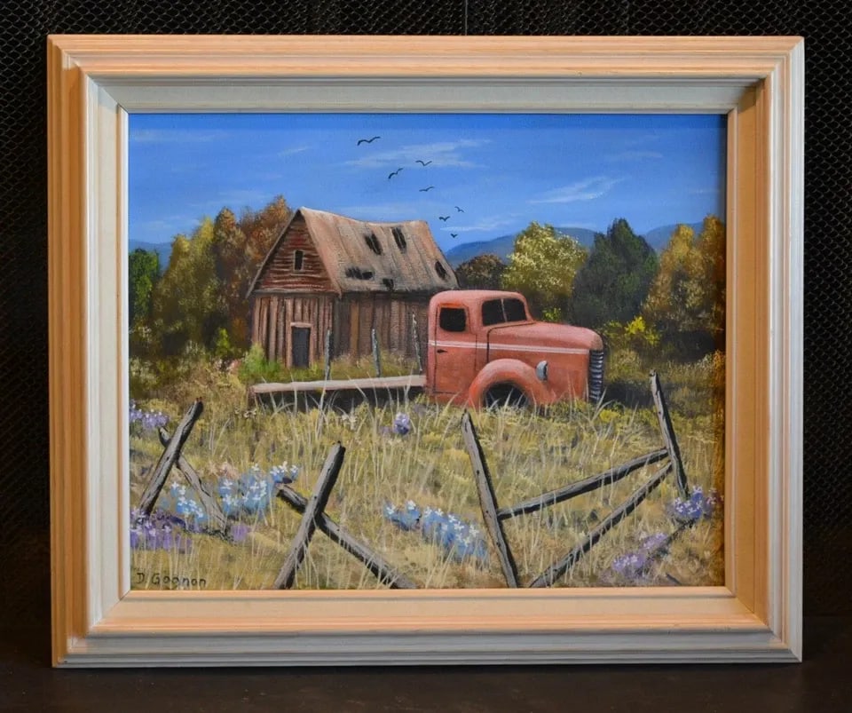 D. GAGNON - OIL PAINTING OLD WEST ABANDONED FLATBED TRUCK HOMESTEAD - ARIZONA: D. GAGNON - OIL PAINTING OLD WEST ABANDONED FLATBED TRUCK HOMESTEAD - ARIZONA This painting by Sedona Arizona artist D. Gagnon shows an old abandoned flatbed truck in front of an old Arizona homestead
