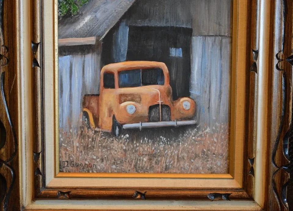 D. GAGNON - OIL PAINTING - OLD ABANDONED FORD PICKUP TRUCK - OLD BARN ARIZONA: D. GAGNON - OIL PAINTING - OLD ABANDONED FORD PICKUP TRUCK - OLD BARN ARIZONA This painting by Sedona artist D. Gagnon shows an old 1940s Ford Truck sitting at the open door of an old barn. The The pa