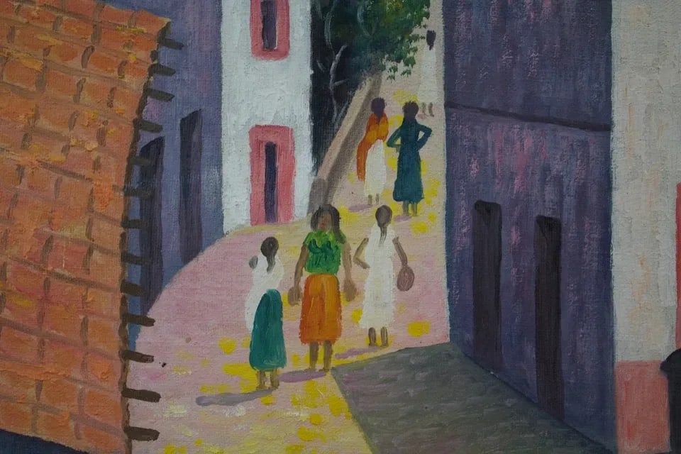 COLORFUL PAINTING OF VILLAGE IN MEXICO LATIN AMERICA "DAVID DIAZ" 1983: COLORFUL PAINTING OF VILLAGE IN MEXICO LATIN AMERICA "DAVID DIAZ" 1983 Item Description: This is a colorful painting of a small village in Latin America, or possibly Mexico. The lettering on the front
