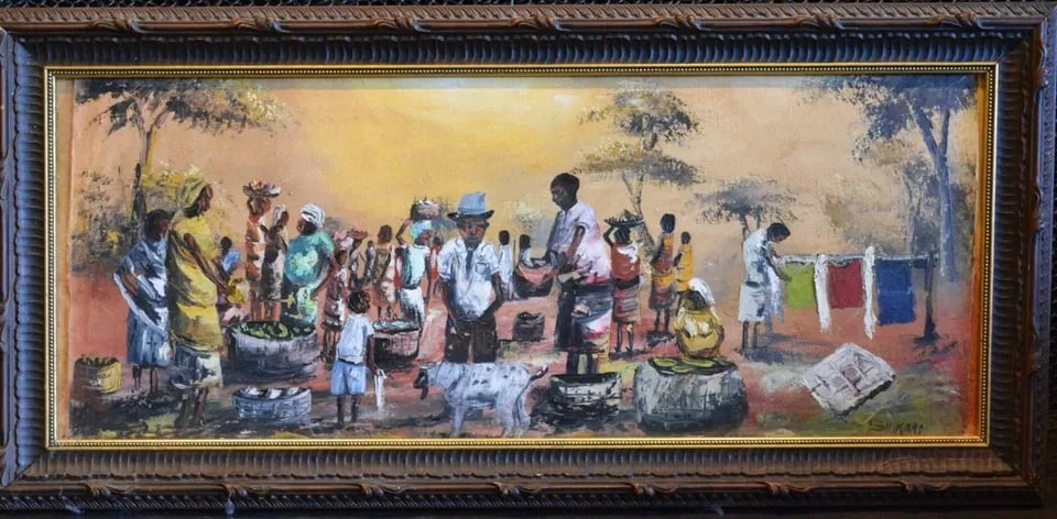 SHIKARD - VINTAGE CARIBBEAN ISLAND OIL PAINTING FRAMED - VILLAGE MARKET DAY: SHIKARD - VINTAGE CARIBBEAN ISLAND OIL PAINTING FRAMED - VILLAGE MARKET DAY This wonderful vintage painting shows a gathering for market day. It looks to be one of the Caribbean islands - possibly Cub