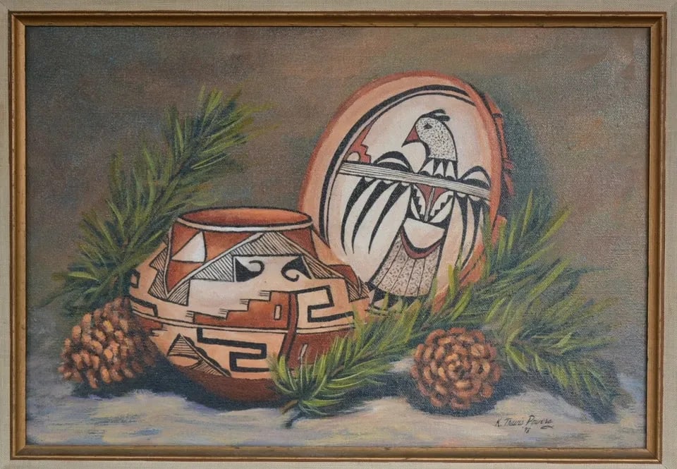 K TRAVIS POWERS - OIL PAINTING - ACOMA HOPI PUEBLO POTTERY - SANTA FE ARTIST (1 of 2)
