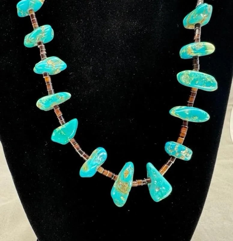 OLD PAWN NAVAJO TURQUOISE AND STERLING NECKLACE 27: OLD PAWN NAVAJO TURQUOISE AND STERLING NECKLACE 27” Old Pawn Navajo Turquoise Necklace 27" Nuggets are 1/4" to 1"