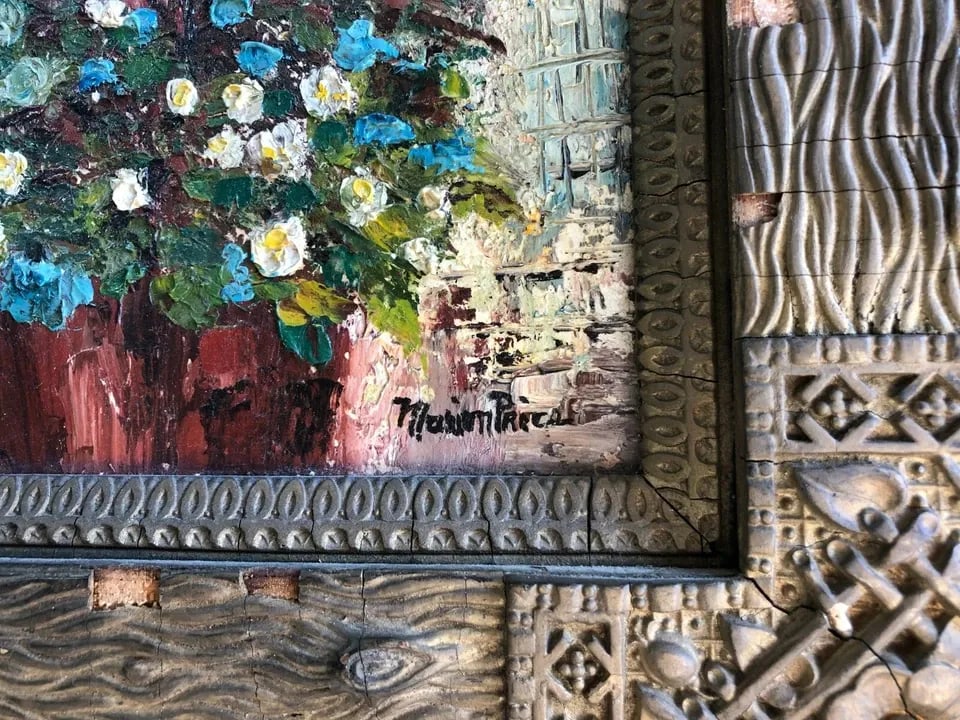 VTG PAINTING - STILL LIFE YELLOW BLUE FLOWERS - UNIQUE FRAME - MARION PRICE: VTG PAINTING - STILL LIFE YELLOW BLUE FLOWERS - UNIQUE FRAME - MARION PRICE Item Description: This vintage painting shows a cluster of blue and pale yellow flowers against a highly textured background