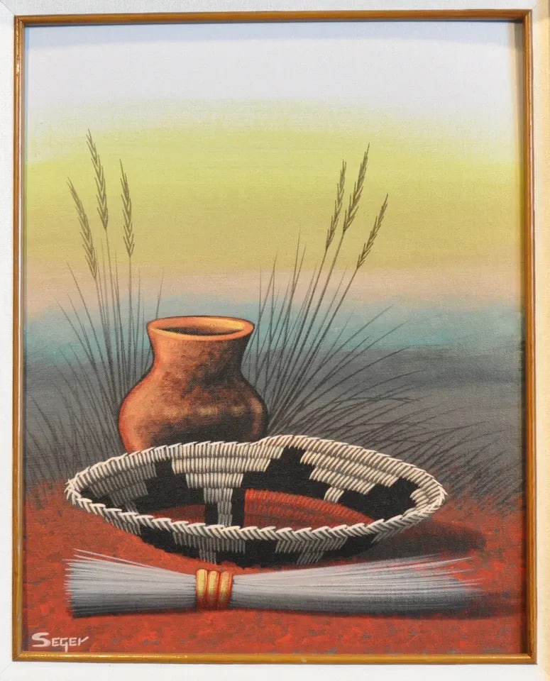 DAVID SEGER - PAINTING NAVAJO TRADITIONAL WEDDING BASKET POT & BRUSH - GALLUP NM (1 of 2)