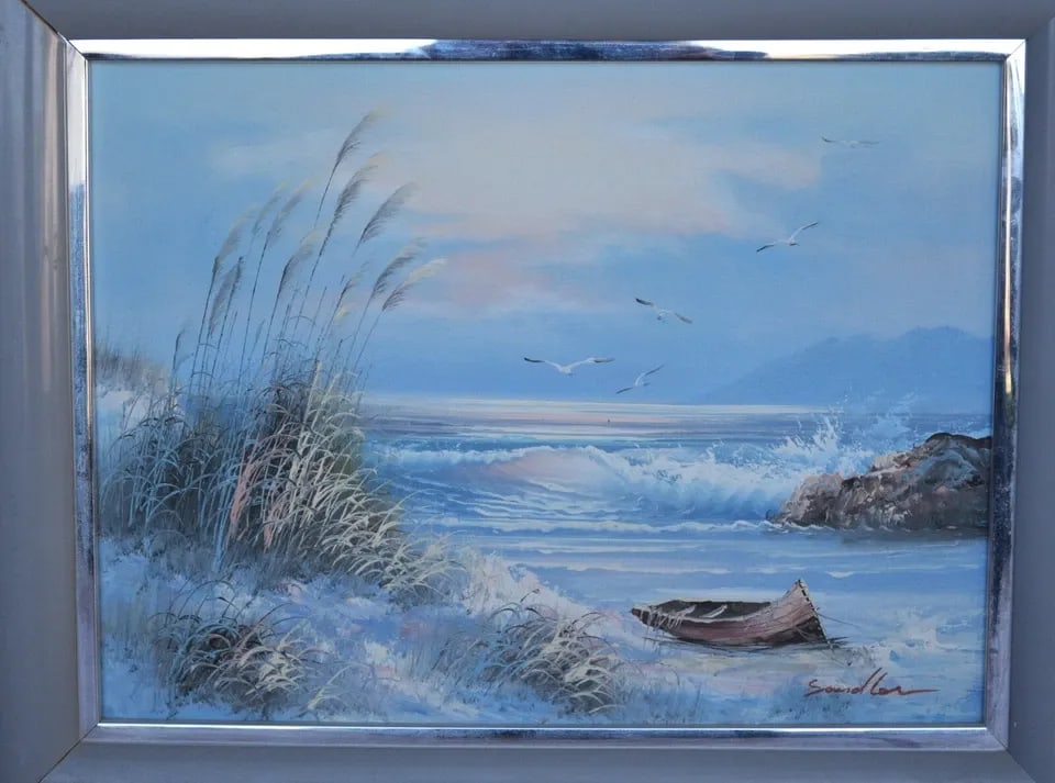 SANDLER - VINTAGE OIL PAINTING SEASCAPE OCEAN WAVES BOAT ON SHORE - FRAMED: SANDLER - VINTAGE OIL PAINTING SEASCAPE OCEAN WAVES BOAT ON SHORE - FRAMED This serene vintage seascape is oil on canvas. It shows ocean waves breaking on shore, wild grasses and a boat has been pulle