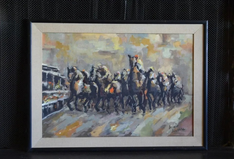 LEWIS LEVINE - VINTAGE OIL PAINTING JOCKEYS RUNNING HORSES IN RACE AT RACETRACK (1 of 2)