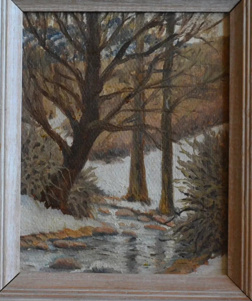 OIL PAINTING SNOWY WINTER WOODS BY STREAM - UTAH - MID-CENTURY: OIL PAINTING SNOWY WINTER WOODS BY STREAM - UTAH - MID-CENTURY This oil painting shows a stream flowing through the woods on a snowy winter day. It is oil on board. The painting measures 10" x 8" and 
