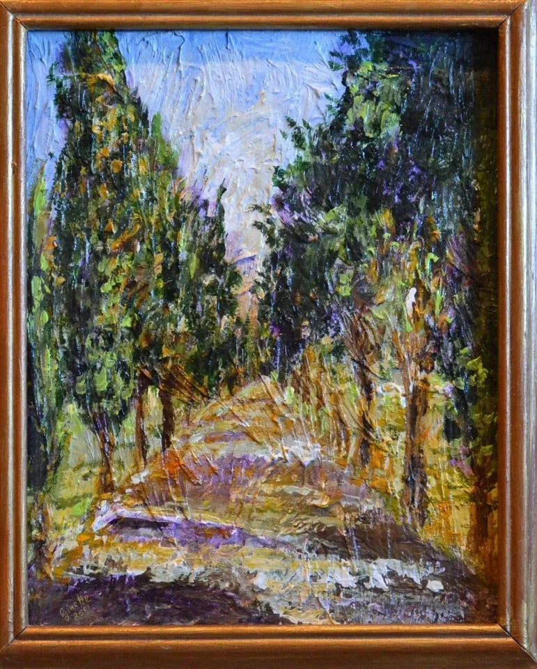 GINETTE CALLAWAY - COLORFUL ORIGINAL PAINTING CYPRESS LINED LANE - ITALY: GINETTE CALLAWAY - COLORFUL ORIGINAL PAINTING CYPRESS LINED LANE - ITALY This colorful painting of a Cypress tree-lined lane was done by French artist Ginette Callaway. On the back she identifies the 