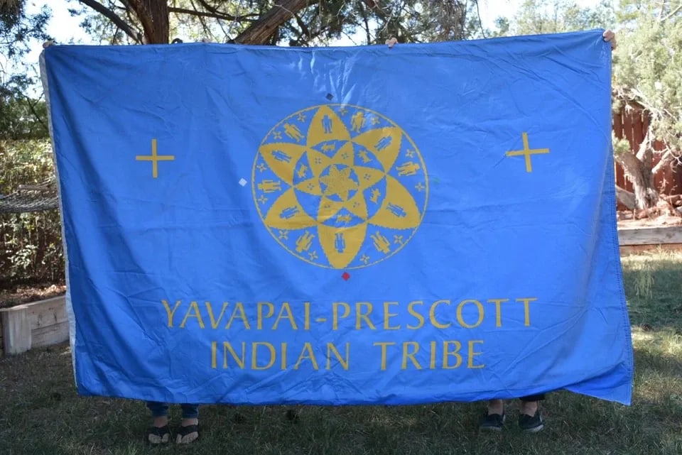 RARE VTG LARGE YAVAPAI PRESCOTT INDIAN TRIBE FLAG - 7' 9" X 4' 8" - TURQUOISE (1 of 2)