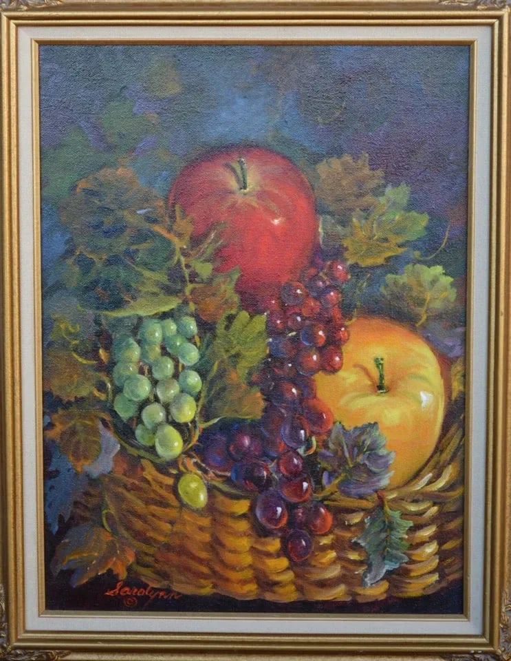 SARALYNN RISSENHOOVER 1939-2024 - STILL LIFE OIL PAINTING - BASKET OF FRUIT: SARALYNN RISSENHOOVER 1939-2024 - STILL LIFE OIL PAINTING - BASKET OF FRUIT This lovely oil painting was done by Colorado artist Saralynn Risenhoover. It is such a beautiful reminder to be grateful - 