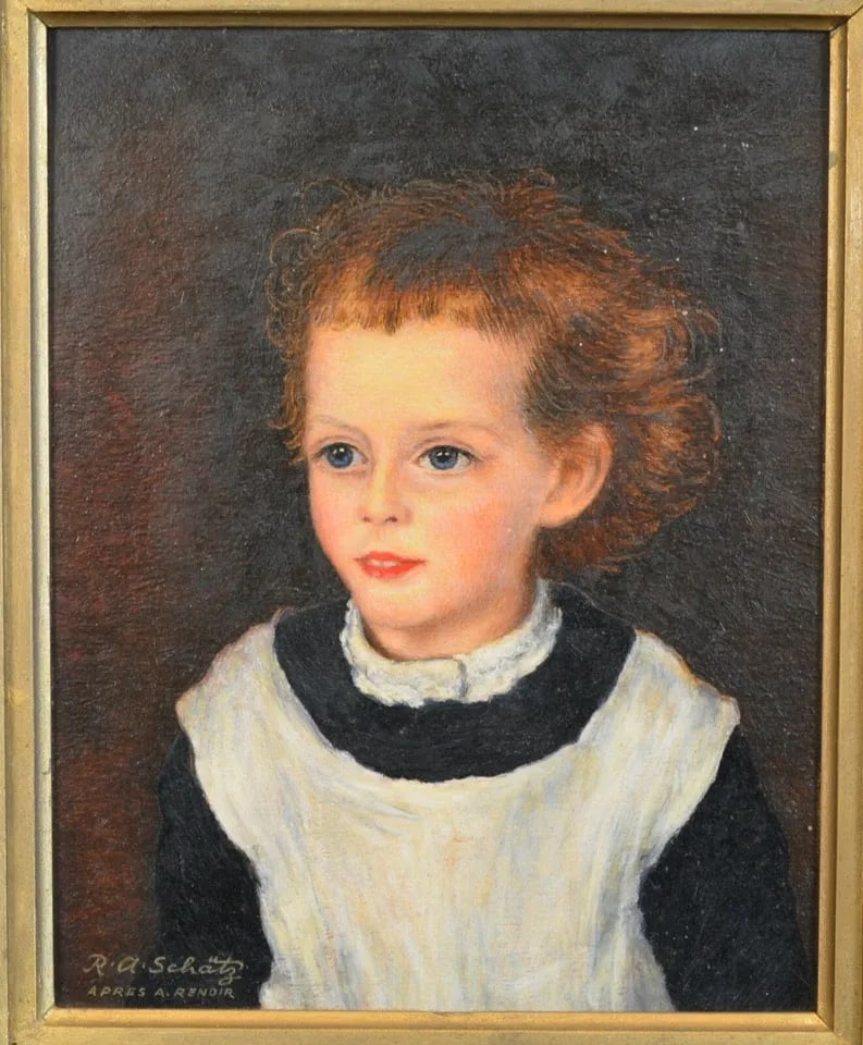 SMALL VINTAGE OIL PAINTING OF A YOUNG GIRL - APRES A RENOIR - R. A SCHATZ (1 of 2)