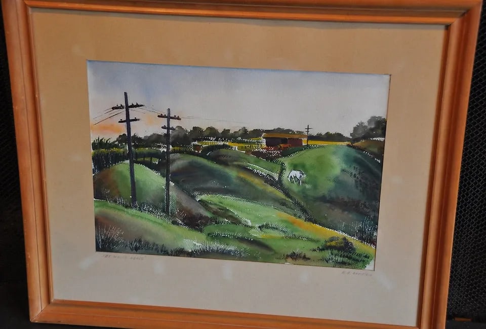 H. G. COHEN - WATERCOLOR PAINTING ROLLING GREEN VERMONT HILLS HORSE BARN 1942: H. G. COHEN - WATERCOLOR PAINTING ROLLING GREEN VERMONT HILLS HORSE BARN 1942 Item Description: This vintage watercolor painting of the Vermont countryside was painted by H. G. Cohen in 1942. ( If you