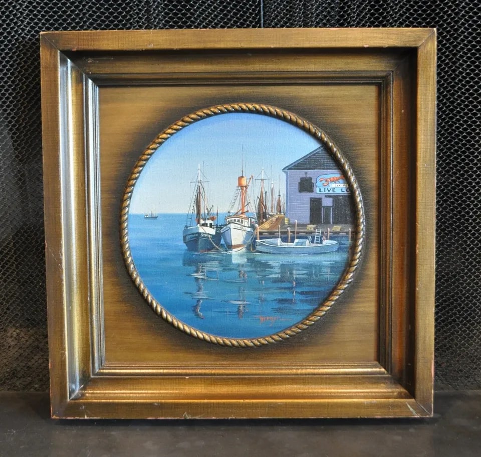 VINTAGE OIL PAINTING - BOATS DOCKED AT SEAFOOD SHACK - PORTHOLE FRAME - BERGER: VINTAGE OIL PAINTING - BOATS DOCKED AT SEAFOOD SHACK - PORTHOLE FRAME - BERGER This vintage painting of fishing boats docked near a Seafood shack pier was done by artist Berger. The painting has been 